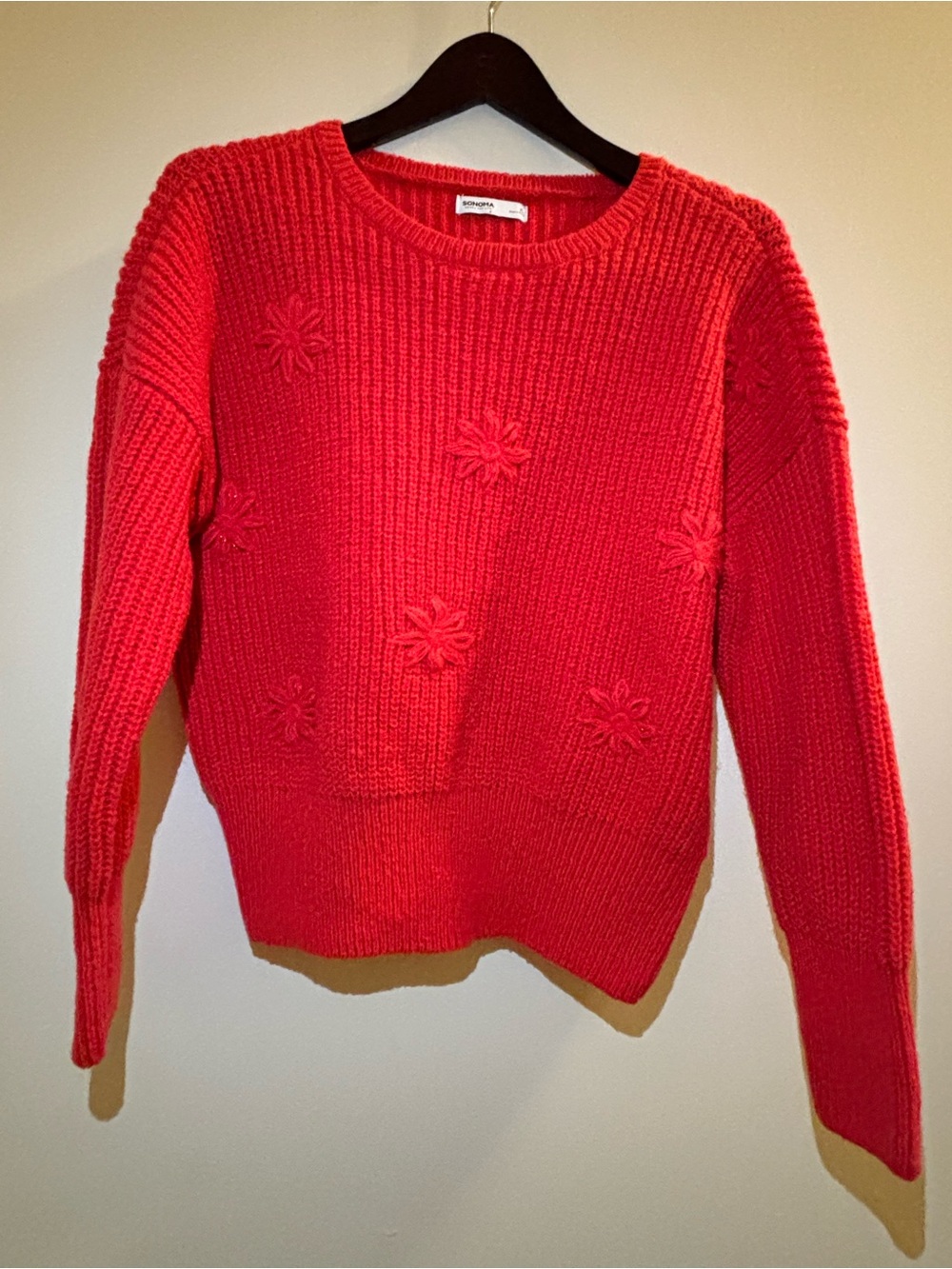 Sonoma Red Floral Textured Crewneck Sweater